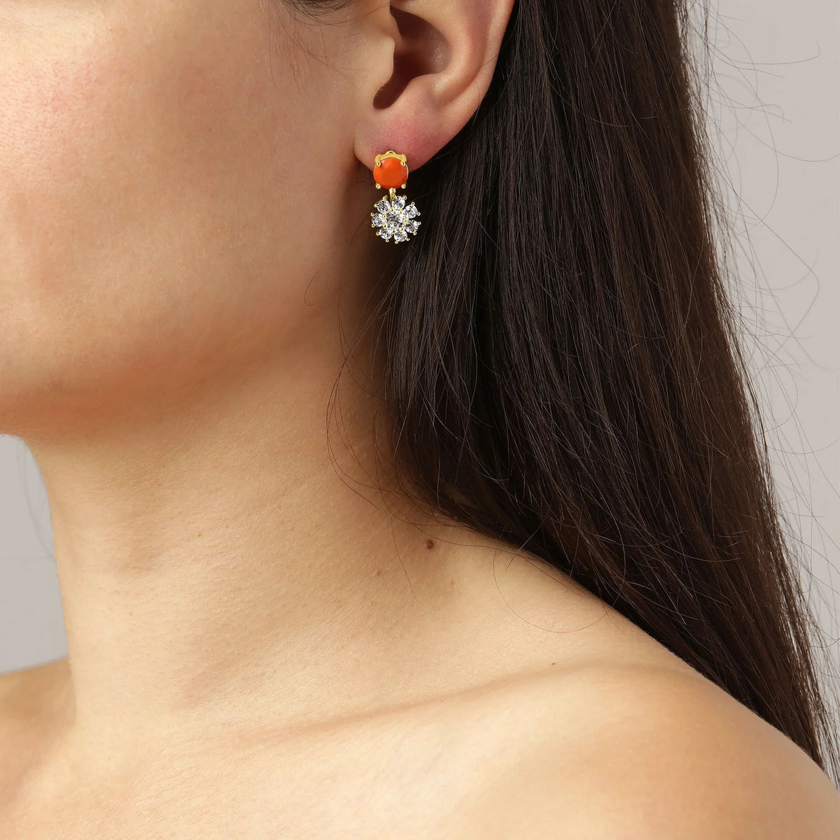 FLOSS SHINEY GOLD CORAL/CRYSTAL EARRINGS