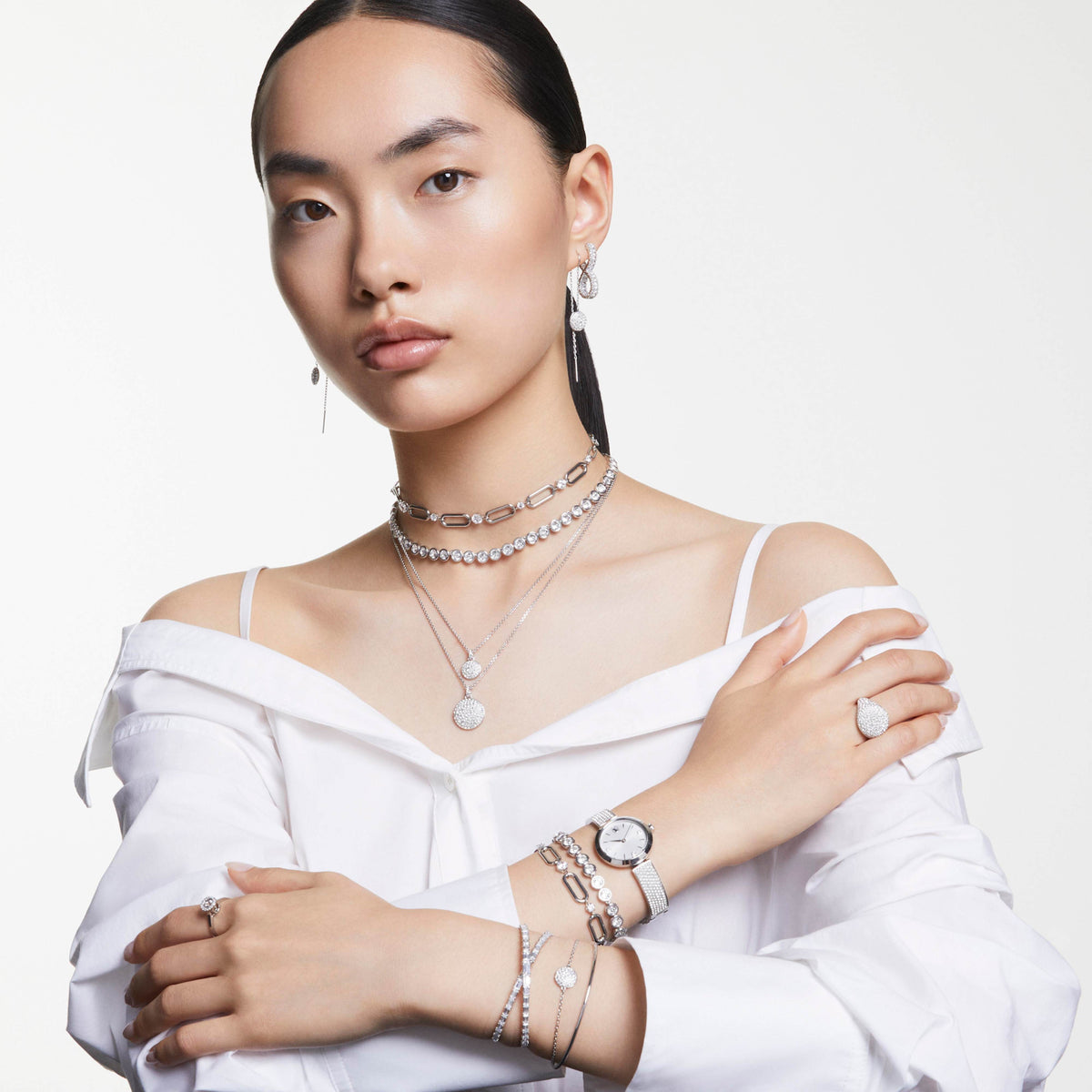 HYPERBOLA HOOP EARRINGS INFINITY - WHITE, RHODIUM