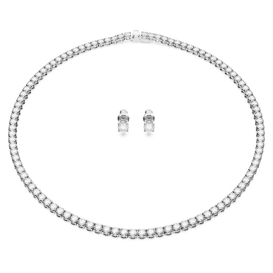 MATRIX TENNIS SET, NECKLACE AND EARRINGS - WHITE, RHODIUM