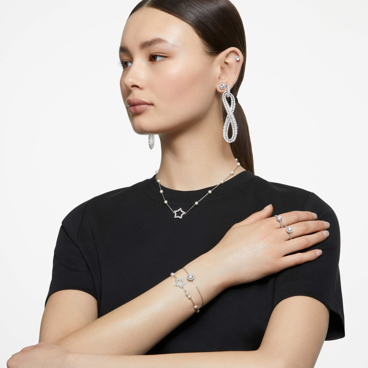 UNA ANGELIC STUD EARRINGS PAVE - WHITE, RHODIUM