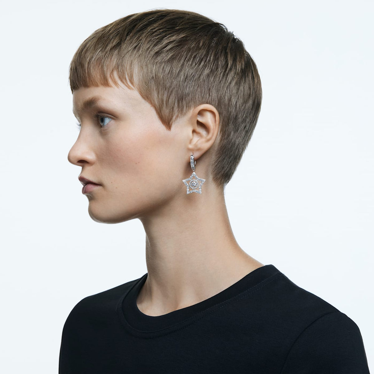 STELLA HOOP EARRINGS STAR - WHITE, RHODIUM